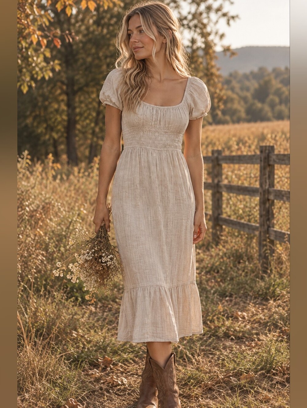Sim & Sam Smocked Milkmaid Midi Dress Cotton Gauze Puff Sleeve Boho Size M
